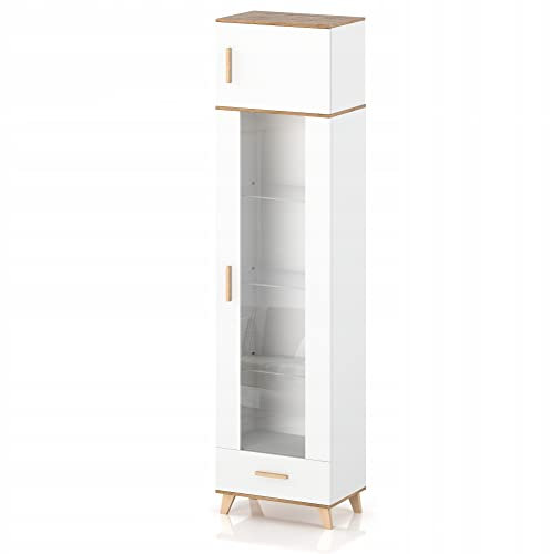 VBChome Vitrine mit Aufsatz 60 x 235 x 52 cm Weiß Vitrine mit DREI Glasfächer und 1 Schublade 2 Türe Holz Griffe Mehrzweckschrank für Flur Schlafzimmer Wohnzimmer Kinderzimmer
