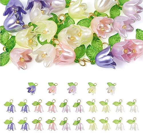 Boutigem 25Pcs Acrylic Tulip Lily Flower Charms With Pearl Beads Pendant Mix Color for Jewelry Making Bracelet Necklace Earrings Ornament