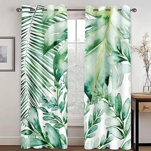 KARPIX Rideau opaque, motif plantes tropicales, feuilles de palmier, Monstera, rideau occultant, thème naturel, avec œillets, pour chambre d'enfant, 1, 100 x 140 cm (2 x 50 x 140 cm)