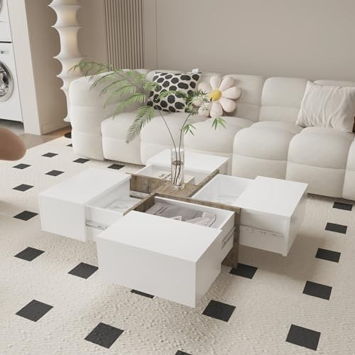 Modern White Style Square Coffee Table with 4 Drawers | 80x80x35 cm | Multifunctional Coffee Table with Storage for Living Room | Unique Design