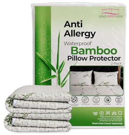 Home Sweet Home UK Luxury 100% Bamboo Waterproof Pillow Protectors 2 Pack Zippered - Ultra Soft Breathable & Anti Allergy Pillow Protectors 48cm x 74cm - Noiseless Bamboo Pillowcases