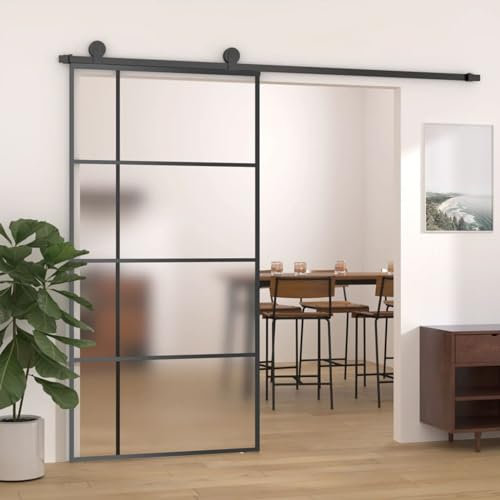 Gecheer Puerta corredera para interior, de cristal ESG y aluminio, negro y esmaltado, 102,5 x 205 cm, puerta corredera de cristal y aluminio, puerta para interior