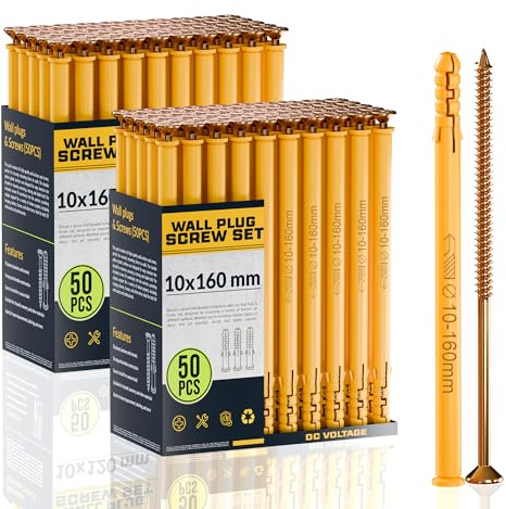 DC VOLTAGE 50pcs x 2 Wall Plugs and Screws Set, Anchor Bolts For Masonry Brick Concrete, Heavy Duty Brick Concrete Fixings Plugs Assorted Set (10x160mm - 2 PACK)