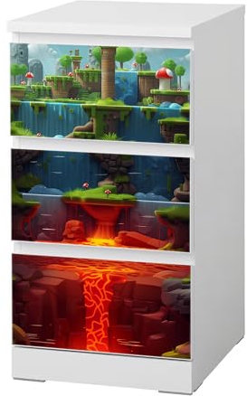 Sunnywall® Möbelfolie passend für IKEA Malm Kommode Schrankfolie Aufkleber mit Game Level Lava Motiv | blasenfrei verkleben | Kinderzimmer 3er 40 cm