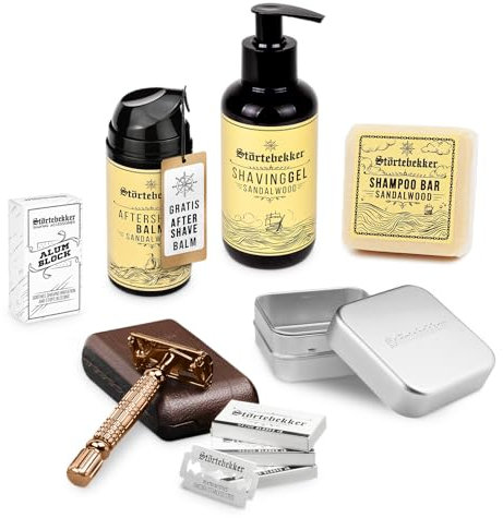 Störtebekker® Premium Shower & Shave Essential Set - Rasierset & Duschset für Herren - mit Rasierhobel (Rosé/Café), Rasiergel, After Shave Balm, Alaunstein, festem Shampoo & Alu Seifendose