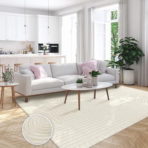 Paco Home Wohnzimmerteppich, Moderner Kurzflor in Creme, 3D Muster, weich, pflegeleicht, Design Teppich, Schlafzimmer, geometrisch, Grösse:200x290 cm