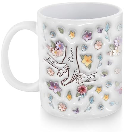 Tasse à café You Hold Our Hands Also Our Hearts, Tasse à Café Maman Imprimée Effet 2D Personnalisée avec Nom d'enfant, Tasse Florale pour la Eête des Mères, Tasse à Café Maman pour Grand-Mère Nana