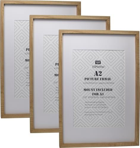 Natural Wood Effect A2(42x59.4cm) Boxed Picture Frames Set of 3,for A3(29.7X42CM), A3 Boxed Photo Frames 3pack,A2 Oak Wooden Effect Poster Frame with Mount for A3 photo