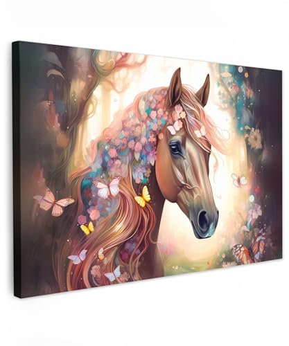 MuchoWow© Leinwände Groß 120x80 cm XXL Wall Decoration Bilder Kinderzimmer Mädchen Pictures Canvas Painting Wanddekoration Jugendzimmer Deko Mädchenzimmer Pferde - Natur - Blumen - Schmetterling