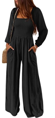AUXDIO Womens Casual Square Neck Long Sleeve Jumpsuits Loose Smocked Wide Leg Romper with Pockets, Black, Large