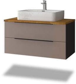 Stil.Zeit Badmöbel Thor inkl. Aufsatz Waschbecken, Waschtisch mit Unterschrank, 96cm, Korpus: Anthrazit, Front: Kaschmirgrau, Ablage: Eiche, Metallgriffe, hängend/Wandmontage