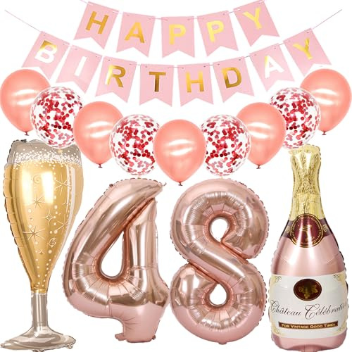 Feelairy Luftballon 48. Geburtstag Deko Frau, Rosegold Folienballon Weinflasche Sektflasche Helium Ballon Champagner Flasche, Girlande Happy Birthday Deko für Geburtstagsdeko 48 Jahre Frauen