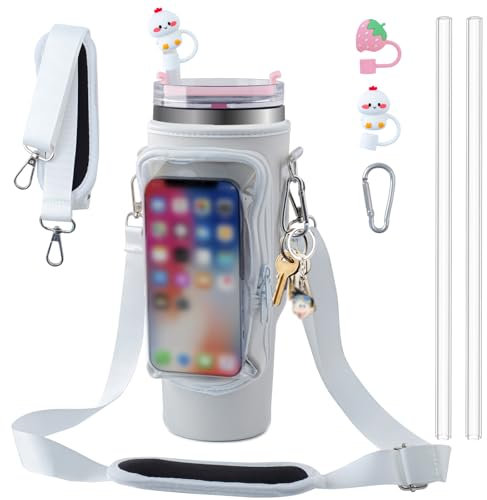 Sunzit Water Bottle Carrier for Stanley Cup,Stanley Cup Accessories,Water Bottle Holder with Strap fit Stanley Cup 40 Oz Tumbler, Water Bottle Bag with Adjustable for Walking Hiking Camping(White)