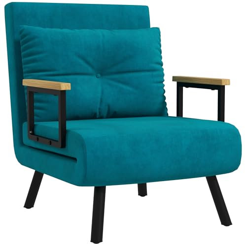 HOMCOM Schlafsofa mit verstellbarer Rückenlehne in 5 Stufen, Einzelnes klappbares Schlafsofa mit Kissen für das Wohnzimmer, aus gepolstertem Stoff, Stahl und Holz, 63x73x81 cm, Dunkelblau