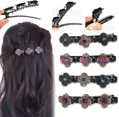 Doppelschicht Haarspange,4 Pcs Geflochtene Haarspangen 2024 Haarspangen Damen mit Funkelnden Kristallsteinen Elegante Haarstyling Clips Kolibri Haarspange Strass-Haarspange haarklammern