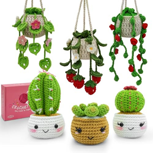SGIBYN Crochet Kit for Beginners with Step-by-Step Video Tutorials,Beginners Starter Crochet Succulent Pot Plant Kit for Adults Women Knitting Kits Learn to Crochet Set (Pot Plants Family)