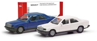 Herpa Modellbausatz MiniKit Mercedes-Benz 190E, 2er Set, Blau/Classicweiß, Miniatur im Maßstab 1:87, Sammlerstück, Kit für Modellbau, Kunststoff