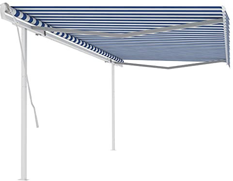 Furniture Select-Manual Markise mit Pfosten, einziehbar, 5 x 3,5 m, Blau und Weiß