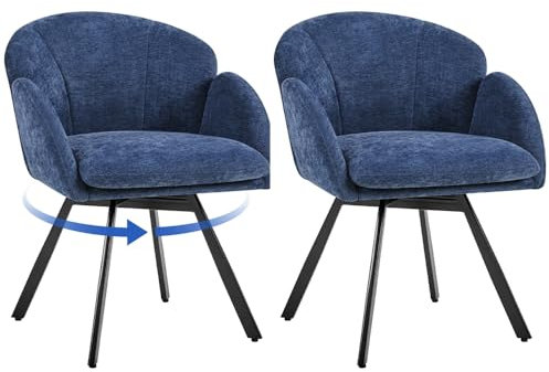 Yaheetech 2pcs Chaise de Salle à Manger en Velours Chenille, Fauteuil de Cuisine avec Pieds en Métal Stable, Chaise d'appoint Moderne Rotatif à 360° avec Coussin Amovible pour Chambre Salon Bleu