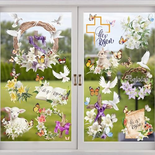 AUGSUN Autocollants de Fenêtre de Pâques 9 Feuilles, Autocollants Réutilisables Croix Religieuse, Lapin, Agneau, Fleurs de Lys, Décorations de Printemps pour Maison et Fenêtres