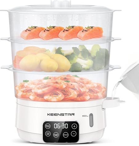 Vaporizador eléctrico de alimentos, 13.7 cuartos de galón, con cestas de 3 niveles sin BPA, vaporizador digital con cita y temporizador, cocción simultánea de 800 W, ideal para verduras, mariscos