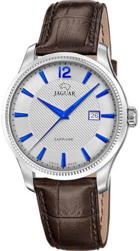 JAGUAR Swiss Made Herrenuhr Analog aus Leder Braun | Quarzwerk, Kalender, Widerstandsfähiges Saphirglas, Wasserdicht 5 ATM Elegant J1042/2 Essentia
