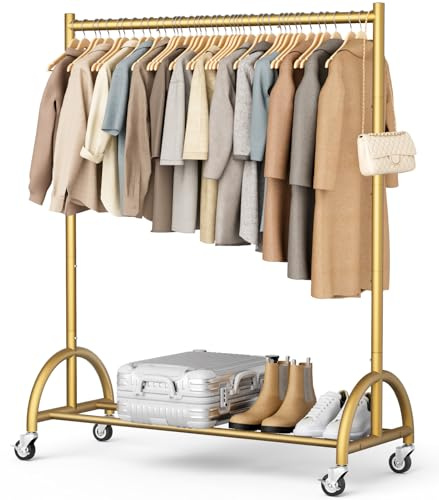 MISSLO Heavy Duty Clothing Rack with Wheels Rolling Clothes Racks for Hanging Clothes, Coats, Garment, Dress, Gold