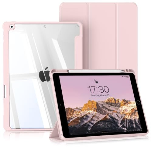 BQDIYOO Coque pour iPad 9e/8e/7e Générations 10.2 (2021/2020/2019), avec Support Pencil et Dos Rigide Transparent pour iPad 9/8/7 Fonction Réveil/Sommeil Automatique, Rose