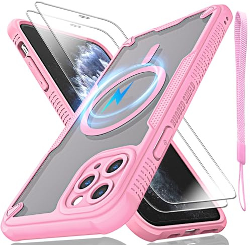 for iPhone 11 Pro Case, Translucent Matte Back Compatible with Magsafe Magnetic Slim Shockproof Protective Case with Lanyard Strap and 2*9H Tempered Glass Screen Protector Phone Cover 5.8-inch-Pink
