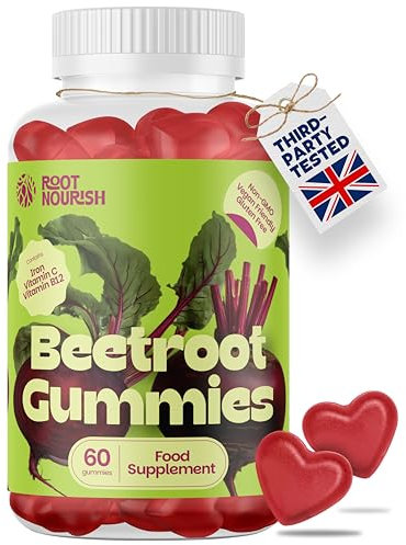 RootNourish Beetroot Gummies – High Strength Iron, Vitamin C, B12 & Folic Acid Supplement for Energy, Circulation, Tiredness & Immune Support – 60 Gummies