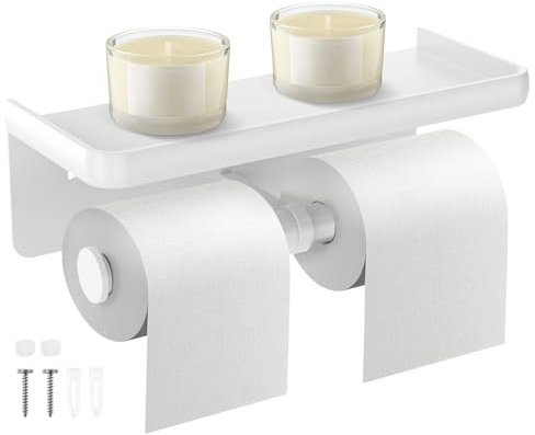 Toilet Roll Holder, Double Toilet Paper Holders with Shelf,Bathroom Tissue Holder Wall Mounted With 2 Screws,Aluminium Alloy Dual Roll Tissue Rack Dispenser Bathroom Accessory(White)