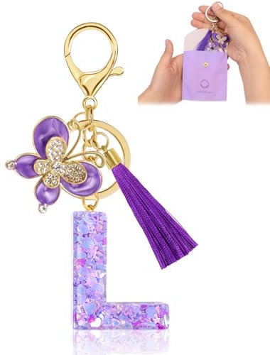 Fengguock Portachiavi con Iniziale Portachiavi Donna Iniziale Portachiave Ragazza con Lettera Portachiave Donna Regali da Personalizzare Con Farfalla per Gli Amici, per Zaino Borsa Scuola, Viola-L