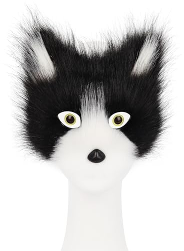 JIAHG Masque de Renard en Fausse Fourrure avec les Yeux Réalistes Masque d'Animal Peluche Cosplay Soirée à Thème Demi-visage Déguisement Halloween Carnaval Noël