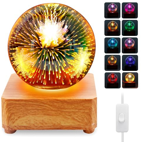PORFOYO 3d Kristallkugel Nachtlicht, Feuerwerk Kristall Ball Nachtlicht, Glaskugel Lampe, ABS Material Buntes Kristallkugel Ornamenten Mit Led Bunte Basis Für Freunde Geburtstag Festival