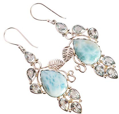 Larimar Ohrringe Silber 925 Blautopas 12x16mm Birne 6x4mm Grün Rot Cabochon Oval Lünette Set Ozean Inspiriert Einzigartiger Schmuck für Damen