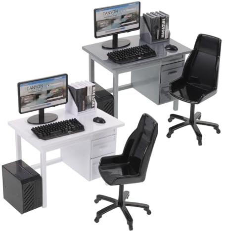 WRITWAA Puppenhausmöbel 2 Sets Mini Schreibtisch Mit Stuhl | Computer Modell Zubehör Für Puppenhaus Rollenspiel Kinderzimmer Dekoration