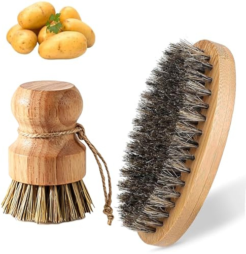 2 Stück Gemüsebürste Naturborsten, Kartoffelbürste und Pilzbürste Set, Gemüsebürste Holz für Küche und Haushalt, Karotten und Obst