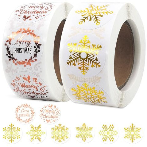 Aufkleber Weihnachten,1000 Stück Weihnachtsaufkleber,2.5cm Rund Goldfolie Etiketten Selbstklebend,Glitzer Gold Schneeflocken Weihnachtssticker,Merry Christmas Sticker,für Deko Geschenke Umschlag usw