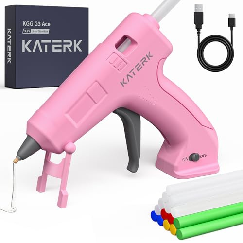 Katerk 3.7V Cordless Hot Glue Gun Kit, 90s Fast Heating, Mini Glue Gun with 15 Glue Sticks, USB-C Rechargeable with 2000mAh Built-in Battery, Ideal for DIY, Gift Making,School Crafts & Repairs Pink
