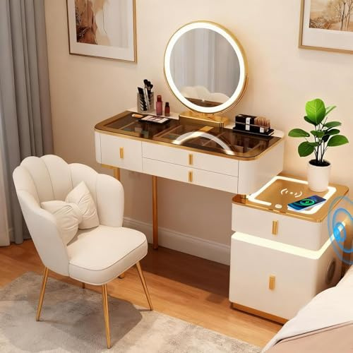 Vofikoli Schminktisch mit Beleuchtung und Hocker, Schminktisch mit verstellbaren Beleuchtung,Frisiertisch mit 5 Schubladen, Kosmetiktisch mit Beleuchtung für Mädchen und Frauen (Weiß und Gold, 100cm)
