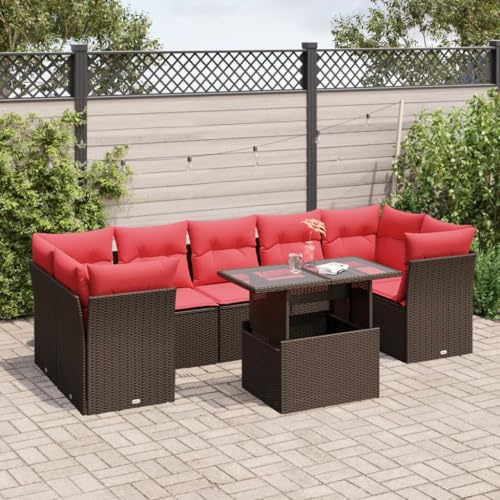 Yunovire 8-teiliges Gartensofa-Set, braun, Polyrattan, Verstellbarer Tisch, UV-beständig, modulare Outdoor-Sitzgruppe für Terrasse, Balkon, Garten, mit bequemen Kissen