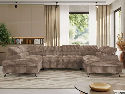 MKS MEBLE Sofa U-Form Schwarz, Wohnlandschaft, Sofa mit Schlaffunktion und Bettkasten, Schlafsofa mit Bettkasten, Couch mit Verstellbare Kopfstützen - Pablo U - Cord - Braun - ohne Topper