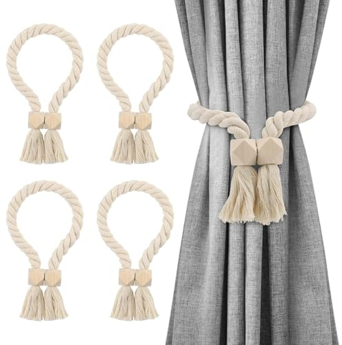4 Stück Vorhang Raffhalter Magnetische Boho Vorhang Raffhalter für Vorhänge | Vorhanghalter aus Holz Landhausstil Deko Raffhalter für Gardinen für Wohnzimmer Schlafzimmer Arbeitszimmer Balkone Cafés