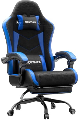 Nexthra Gaming Stuhl Bürostuhl Gaming Sessel mit höhenverstellbaren Linkage-Armlehnen, ergonomischer Gamer Stuhl mit Fußstütze, gepolstert Gaming Chair 150° neigbar bis 180 kg, Blau