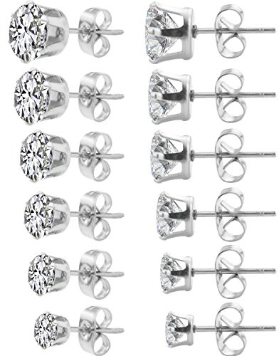 HOVEOX 6 Pairs Stud Earrings for Women Cubic Zirconia Earrings Studs Silver