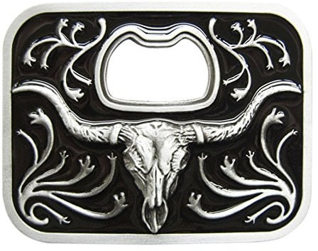 JEAN'S FRIEND Vintage Black Enamel Western Long Horn Bull Bottle Opener Belt Buckle