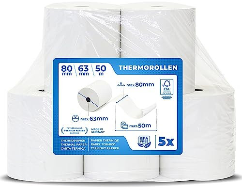 5 Stk. Premium Thermorollen 80mm x 63mm x 12mm – 50 m - Thermopapier Bonrollen (80 63 12) - zertifiziert für Kassen-Drucker wie IBM, Metapace uvm.