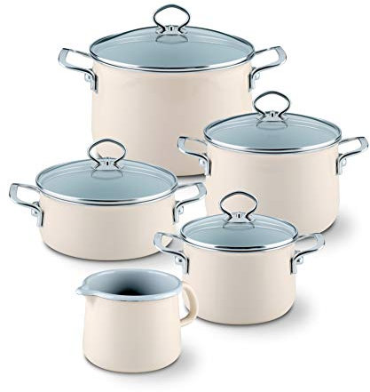 Riess, 0546-011 - Juego de ahorro de 5 piezas, NoUVELLE – AVORIO EXTRA FUERTE compuesto por: cacerola con tapa de cristal de 16, 20 y 24 cm, cacerola con tapa de cristal de 20 cm y cacerola de 12 cm