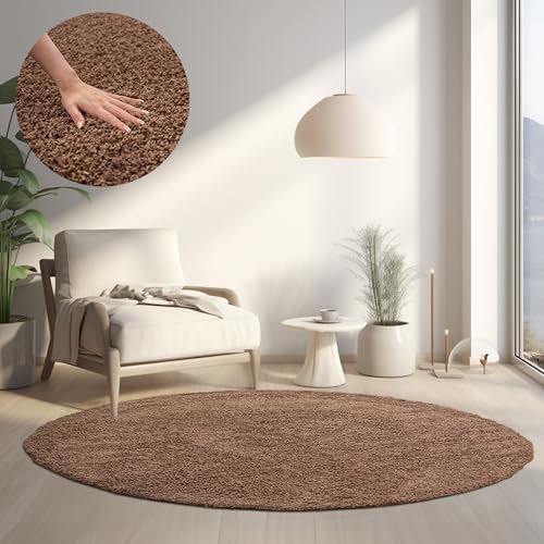 HomebyHome Teppich Rund Hochflor 160 cm Rund - Shaggy Runder Teppich Wohnzimmer Mokka Extra Weich und Flauschig - Waschbarer Langflor Teppiche für Schlafzimmer, Küche, Flur - Carpet, Halı, Kilim