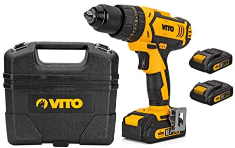 Taladro atornillador inalámbrico 18 V Vito Power + 2 baterías litio 2.0 ah + maletín con 18 accesorios